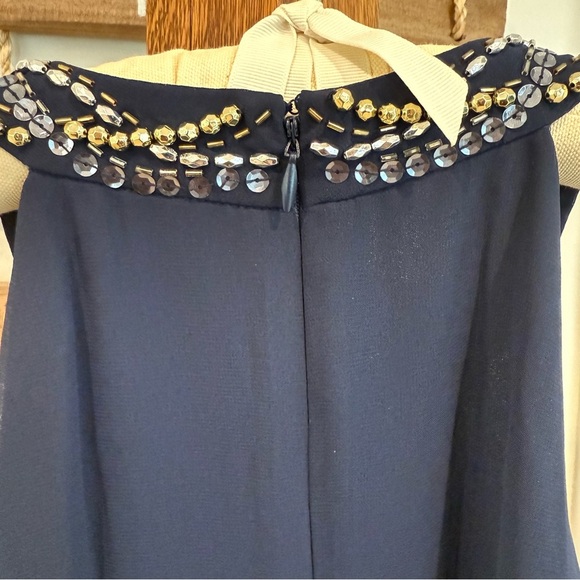 SLNY Sleeveless Halter Beaded Neck Flowing Layered Navy Dress Women’s 14 NEW - Picture 5 of 12